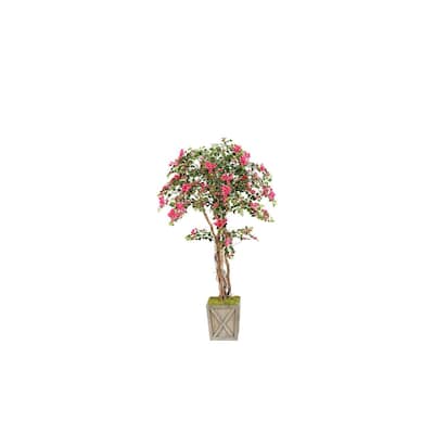 HomeStock 7' Bougainvillea Tree in Weathered Wooden Box Planter - Lush Artificial Tree for Lively Interiors - 84
