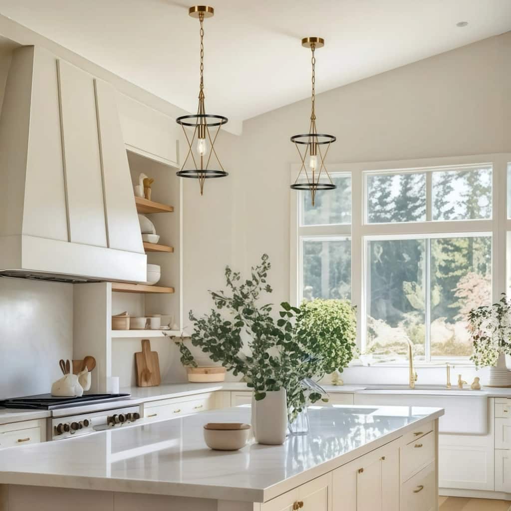 Modern Black Gold 1-Light Drum Pendant Light for Kitchen Island Dining Room - D 9.6" x H 81.5" Max