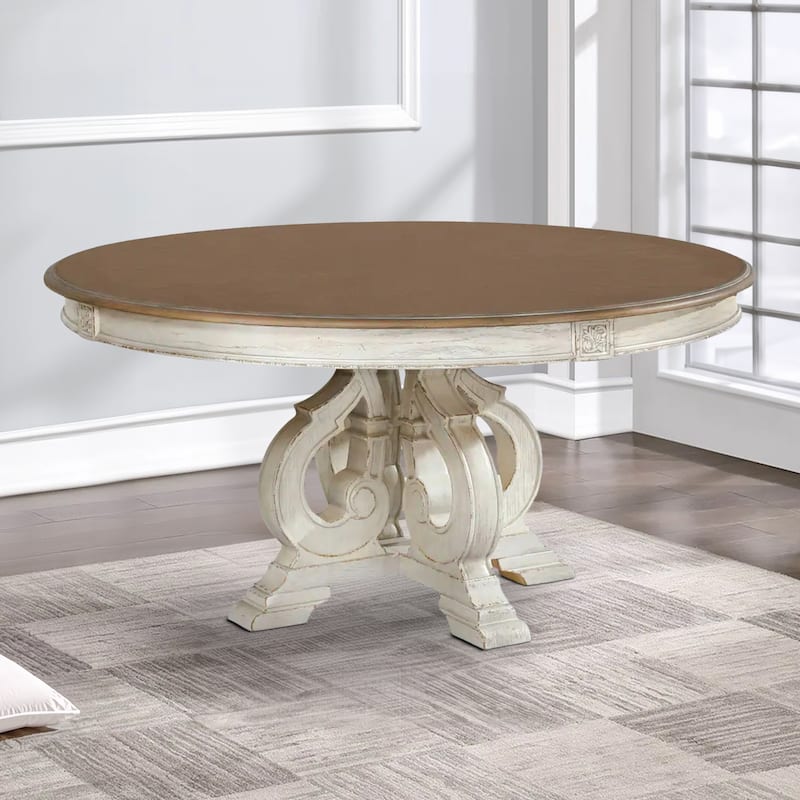 Dual Tone Round Wooden Dining Table with Pedestal Base, Antique White