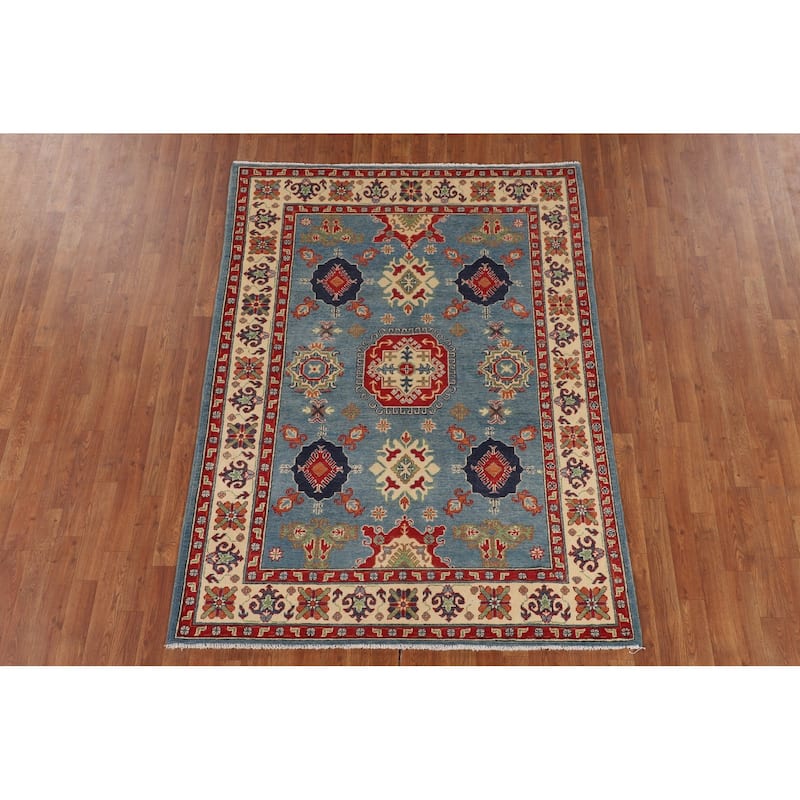 Traditional Kazak Oriental Area Rug Handmade Blue Wool Carpet - 4'11" x 6'9"