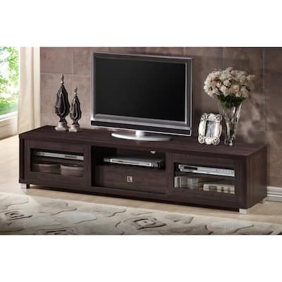 Beasley 70-Inch Dark Brown TV Cabinet with 2 Sliding Doors and Drawer - 15.6"H x 70.2"W x 15.6"D