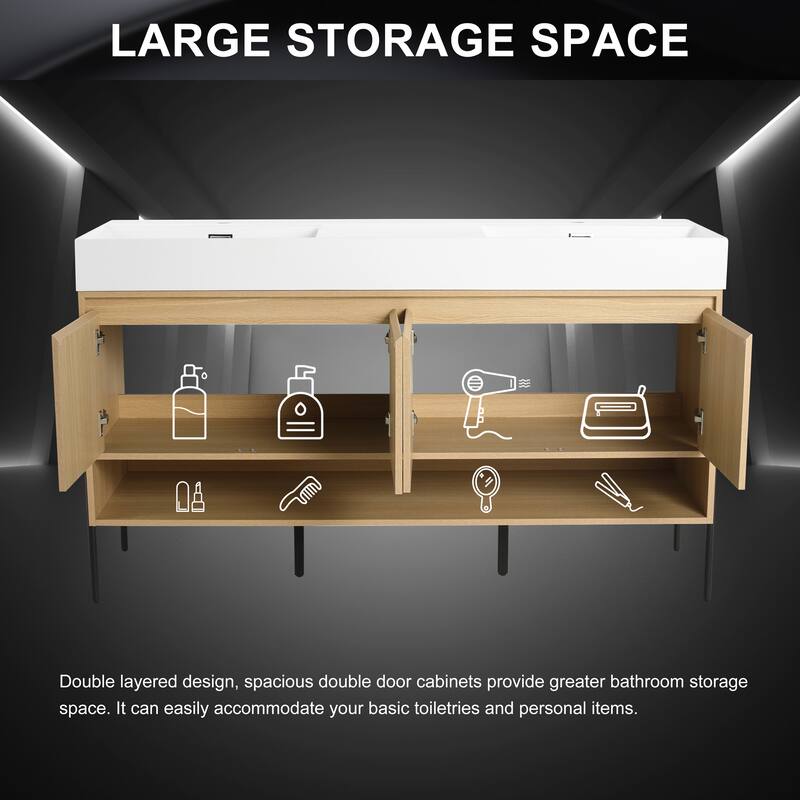 GDFStudio - Sydney Modern Freestanding Bathroom Vanity Cabinet with Double Resin Sink & 4-Soft Closing Doors - 60"