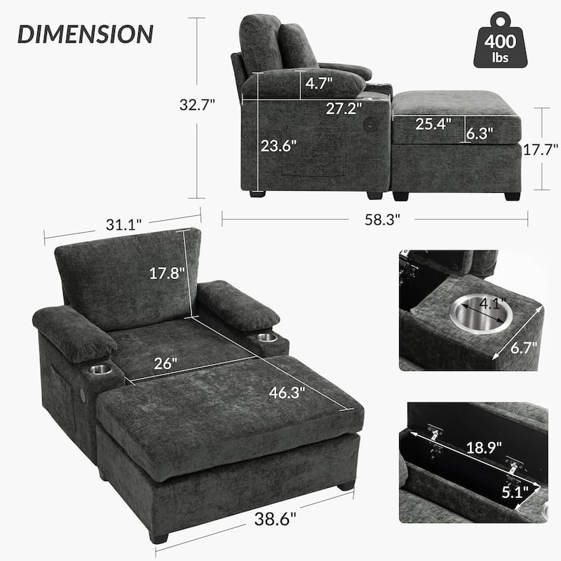 Chenille Oversized Accent Chair with Ottoman, USB Charging Ports and Convertible Sofa Bed Design