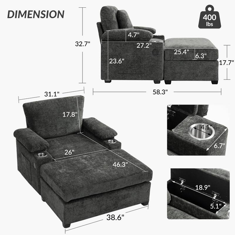 GDFStudio - Ethan Blake Oversized Chenille Chair Bed with Ottoman, Storage & USB Charging for Lounge & Apartment Living