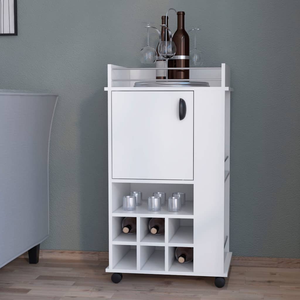 Rolling Bar Cart with 6 Wine Rack, White Finish, Pre-Drilled Holes & Easy Assembly for Home Use