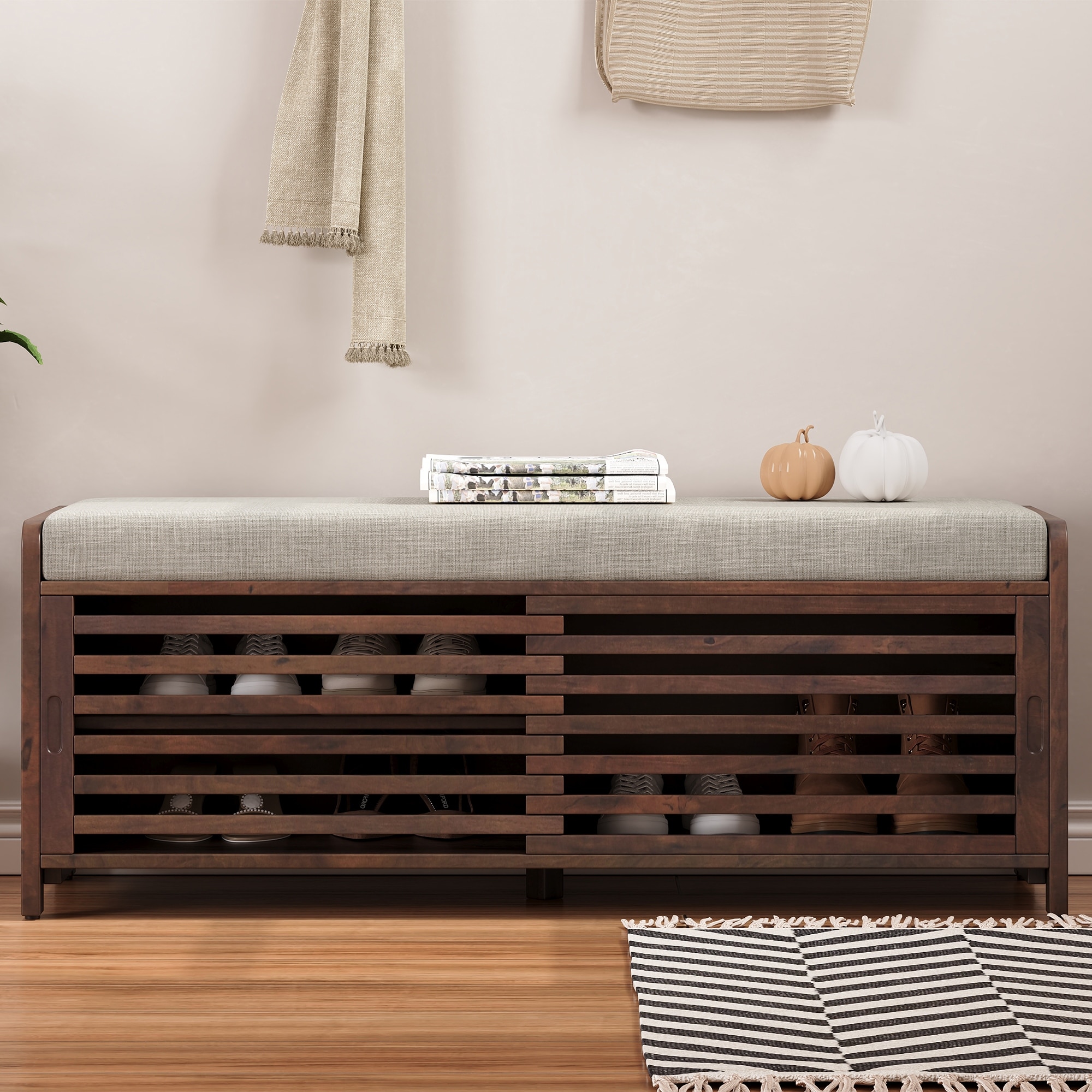 Distressed Shutter Storage Bench with Acacia Veneer