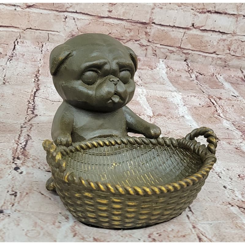Bronze Pug In Basket Statue - Whimsical Imitative Dog Sculpture Decor
