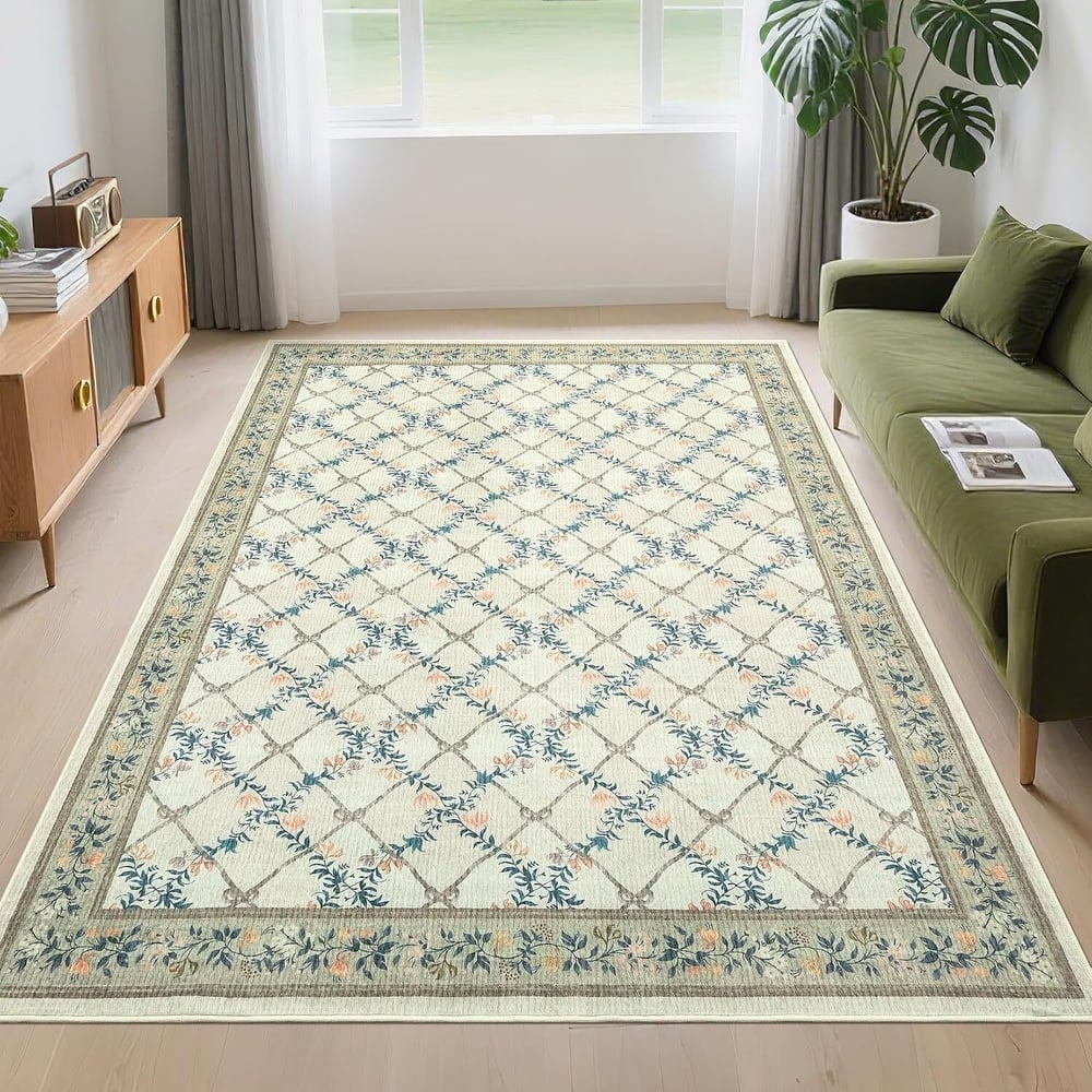 Floral Neutral Washable Hallway Low Pile Area Rug for Bedroom, Living Room, Sage Green - 2' x 3'