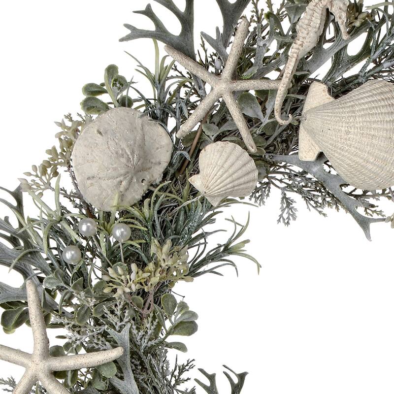 Plastic Shell And Coral Fern Nautical Wreath 22"