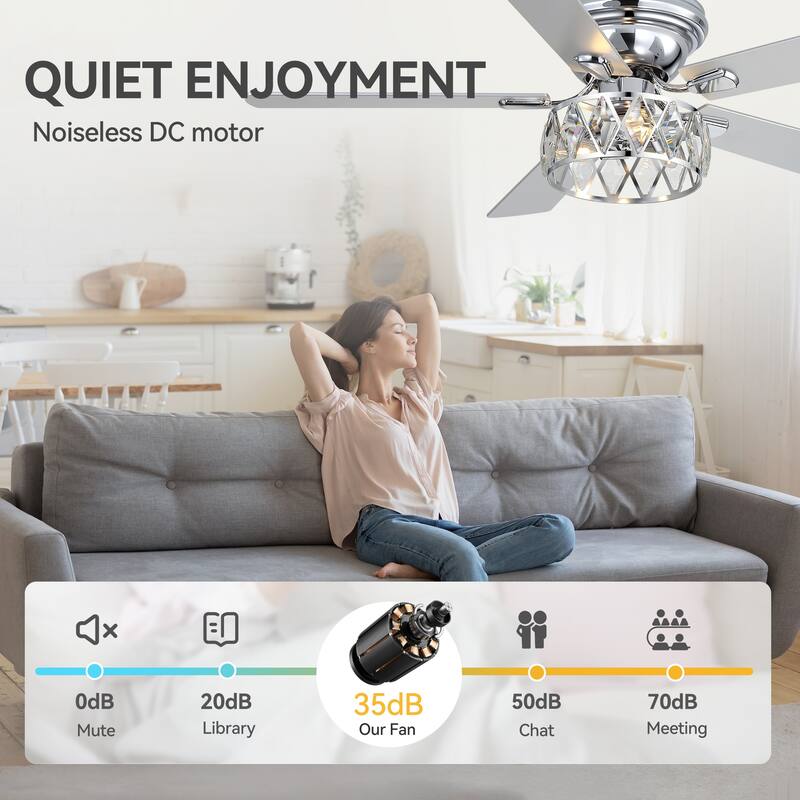 52" Flush Mount 5-Blade Modern Crystal Indoor Ceiling Fan with Light Kit and Remote