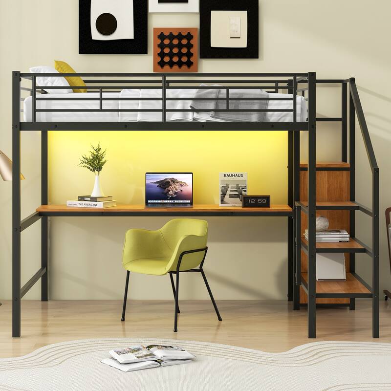 Full Size Metal Loft Bed with Desk, Storage Staircase, Small Wardrobe, and LED Light