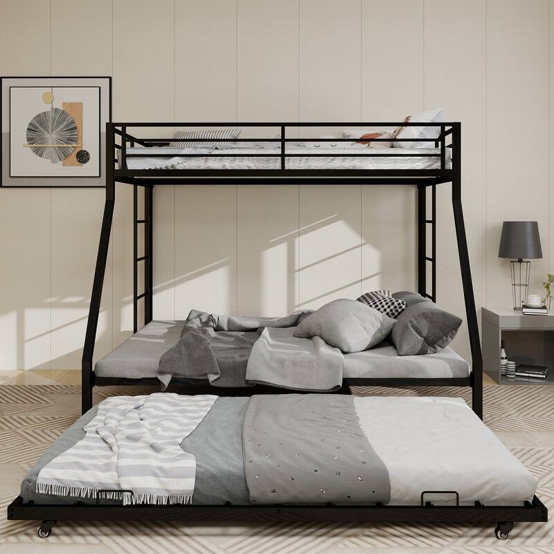 GDFStudio - Square Tube Metal Full Bunk Bed with Ladder & Trundle
