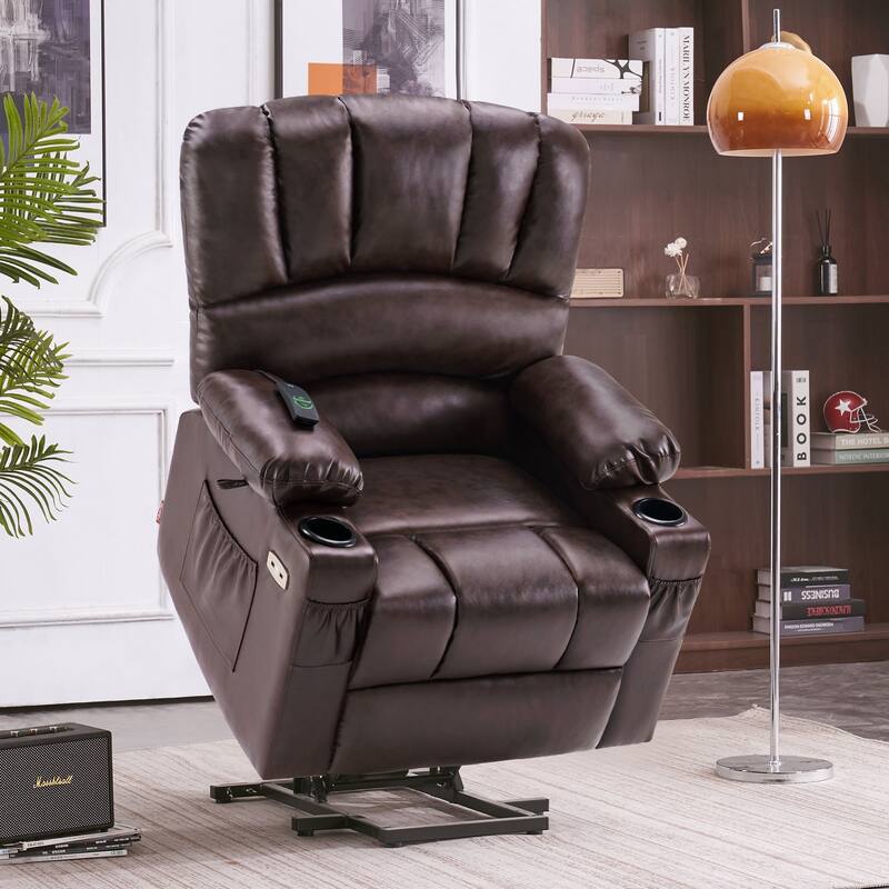 MCombo Power Lift Recliner Chair, Massage and Heat for Elderly, Extended Footrest,Cup Holders, USB Ports 7095 - Dark Brown