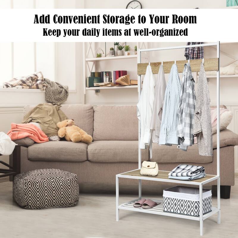 COSTWAY 3 in 1 Industrial Coat Rack Shoe Bench Entryway Hall Tree - 35.5'' x 16'' x 67'' (LxWxH)