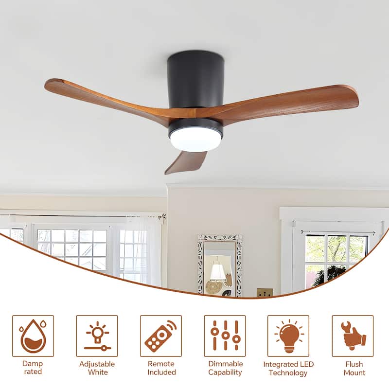 Sofucor 42" Low Profile Flush Mount Ceiling Fan with Lights Remote Control,with 3 Solid Wood Blades,Reversible,Dimmable