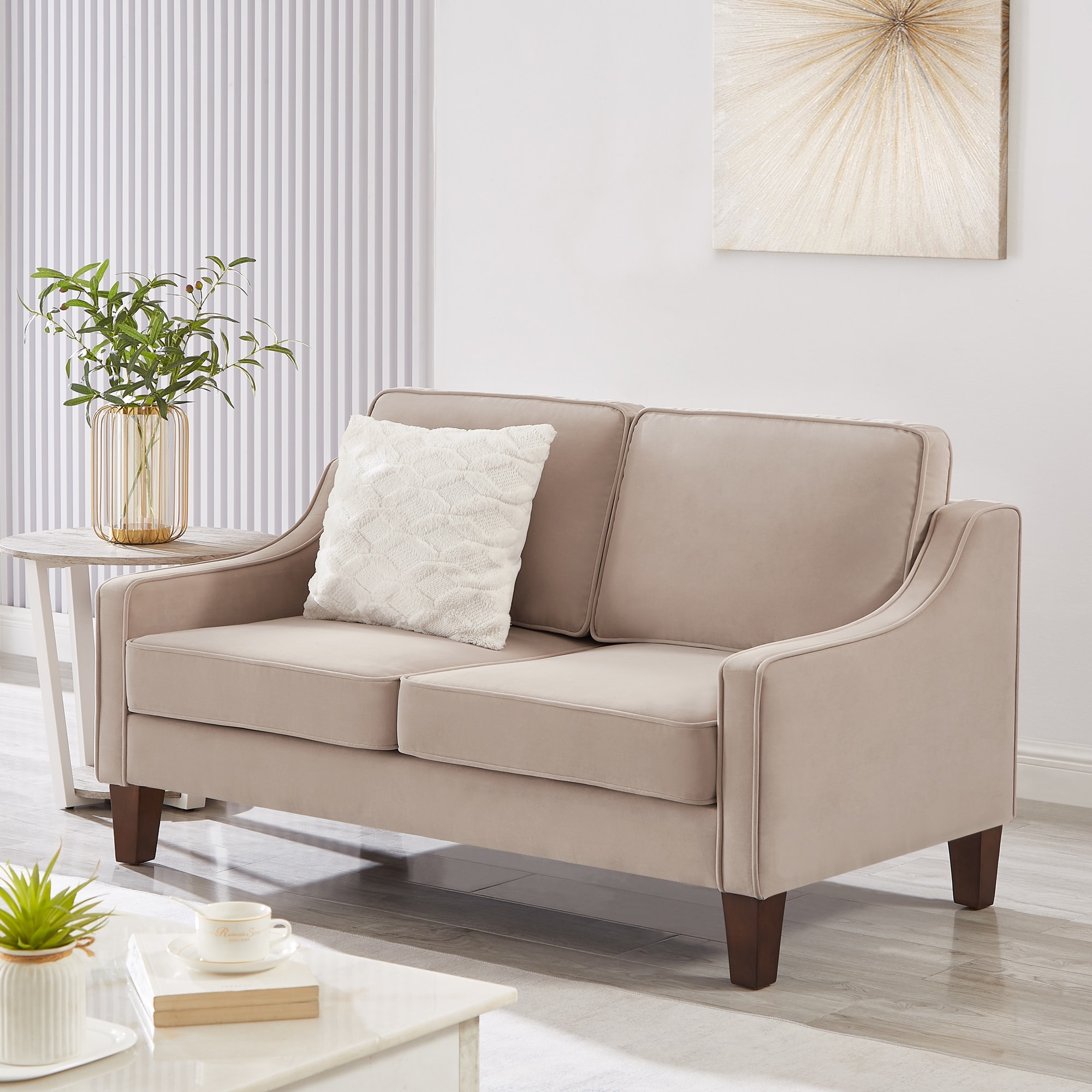 Taupe Sleeper Loveseat Sofa Deep Seat Recliner Loveseat Sofa Scooped Armrest Lounge Sofa Couch with Wood Legs