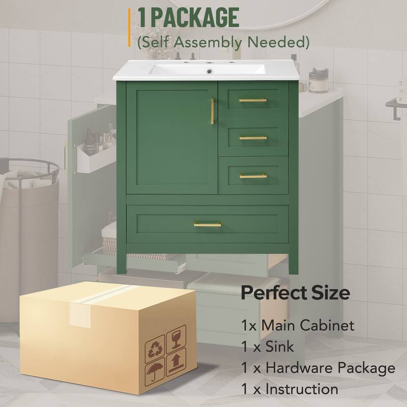 30" Green Bathroom Vanity with Ceramic Sink, Soft Close Door, 3 Drawers, Removable Tray & Solid Wood Frame