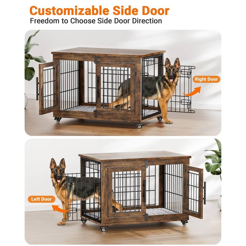 Dog Crate Furniture with Cushion Double Doors Wooden Dog Kennel