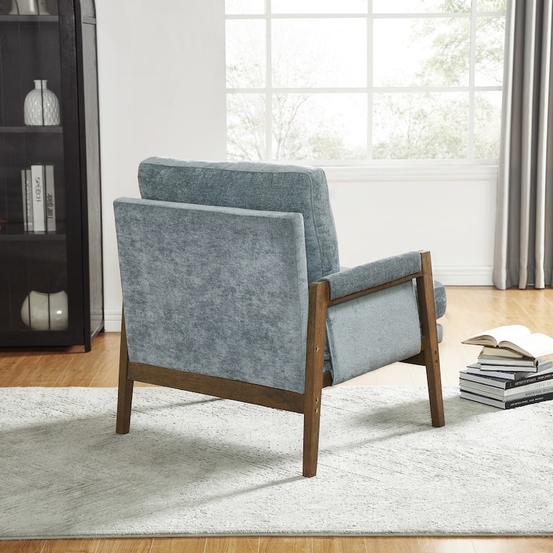 Blue Mid-Century Modern 35.4" Velvet Arm Chair with Solid Rubber Wood Frame and Padded Feet