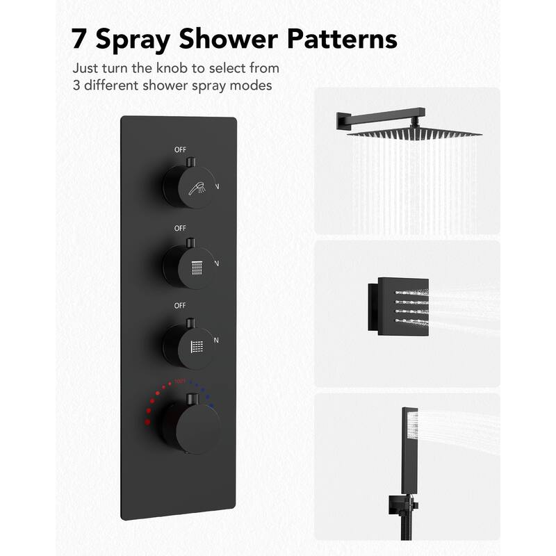 Thermostatic Shower System 12" Rain Shower Head with High Pressure Handheld Spray