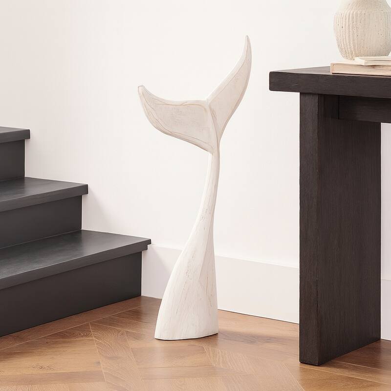 Artistic Wood Whale Tail Figurine Sculpture Home Decor - White - 32.75"