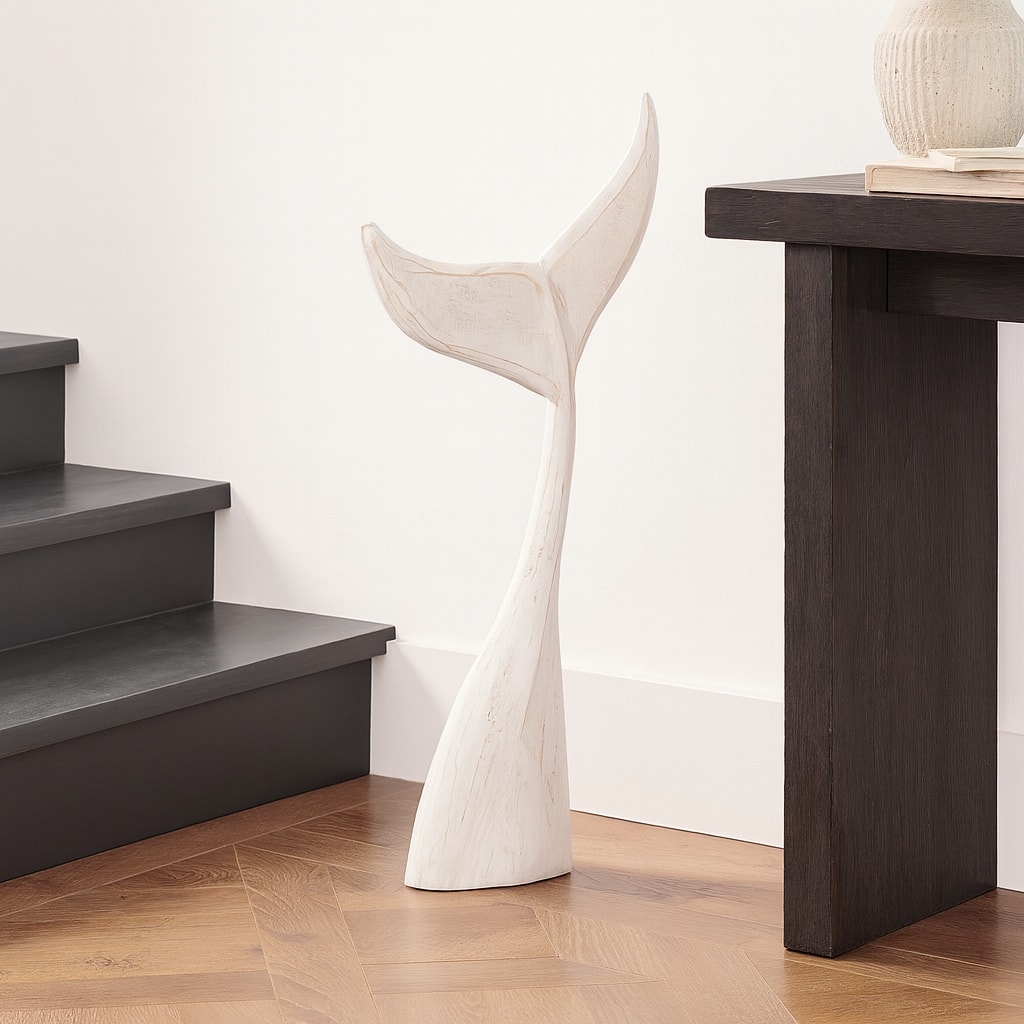 Artistic Wood Whale Tail Figurine Sculpture Home Decor - White