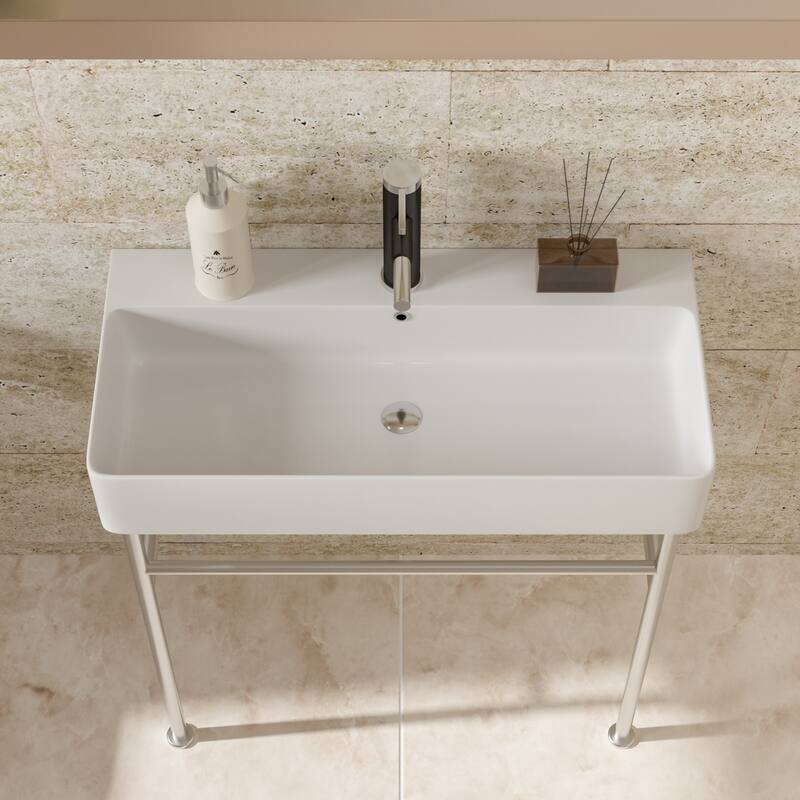 Ceramic Console Sink for Bathroom with Overflow, Stainless Steel Legs, Drain Kit Included, Easy Installation for Commercial Use