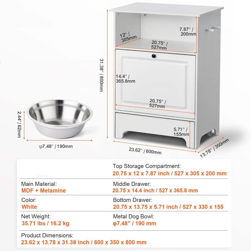 White Pet Feeding Station with 2 Elevated Dog Bowls and Dog Food and Toy Storage Cabinet - 23.62 x 13.78 x 31.38 inch