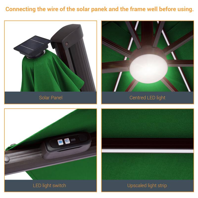LIVOOSUN 11Ft LED Patio Hanging Octagon Cantilever Umbrella with 360-degree Rotating Canopy