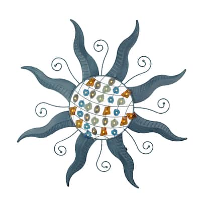 28 Inch Blue Metal Sun Led Light Wall Sculpture (Set Of 2)