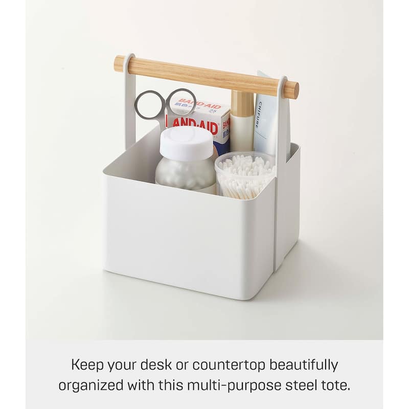 Yamazaki Home Storage Caddy - 2 Sizes, Steel and Wood, Small/Large - L 5.12 x W 6.3 x H 6.3 inches