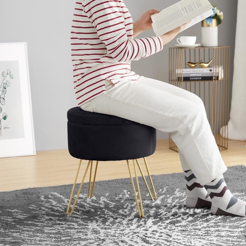 Round Velvet Storage Ottoman with Tray Top Table