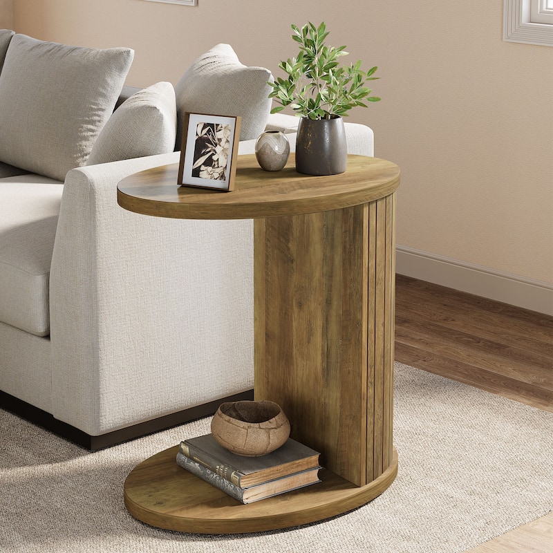 C-Shaped End Table for Couch, Fluted Sofa Side Table for Small Space - Brown
