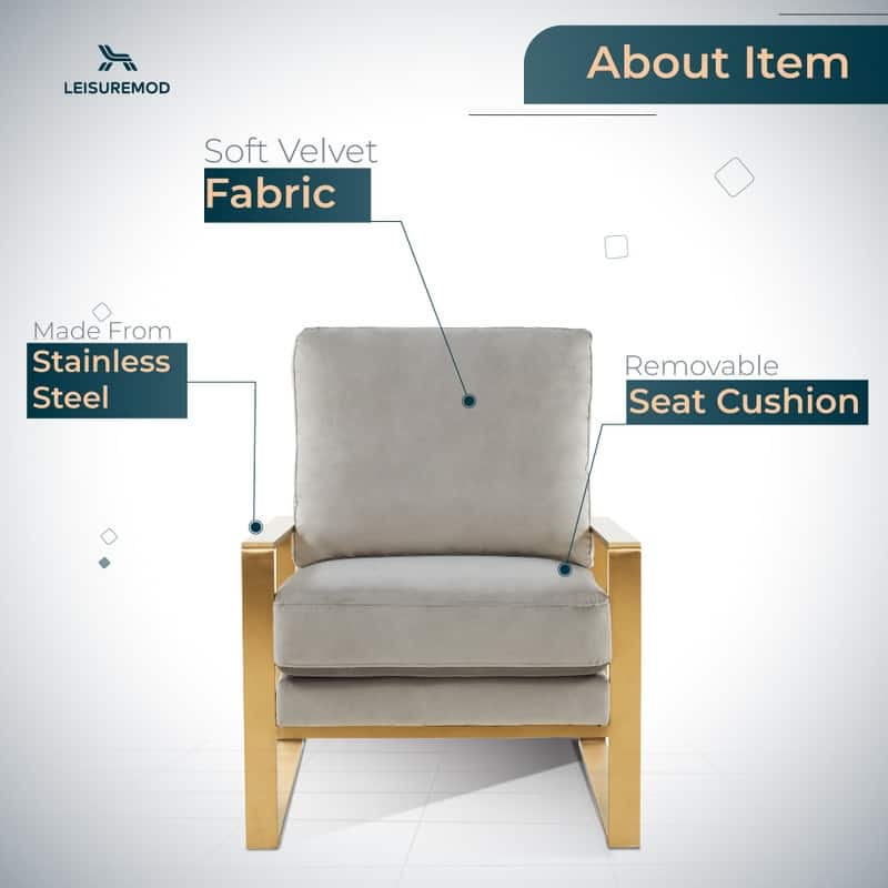 Jefferson Modern Velvet Accent Chair with Brushed Gold Frame, Removable Cushions, and Floor Protectors for Living Room or Office