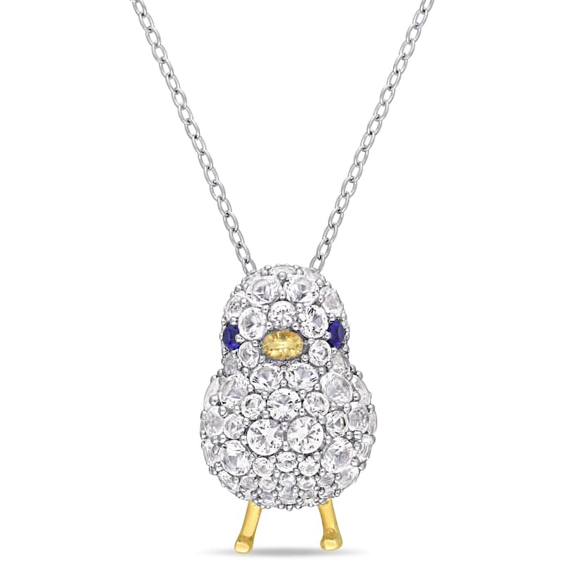 Miadora 2-Tone White and Yellow Plated Sterling Silver Created Blue and White Sapphire Bird Necklace
