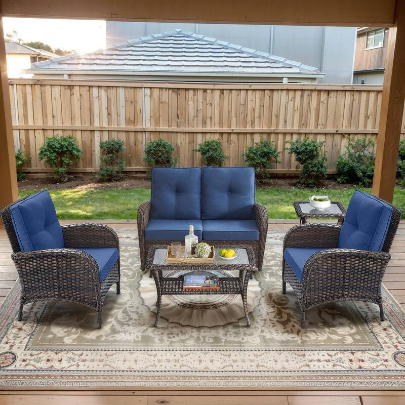 Gymojoy Outdoor Wicker Patio Furniture Loveseat Glider Set - 5-Piece - Loveseat Glider & Club Chairs - Brown Wicker / Blue Cusion