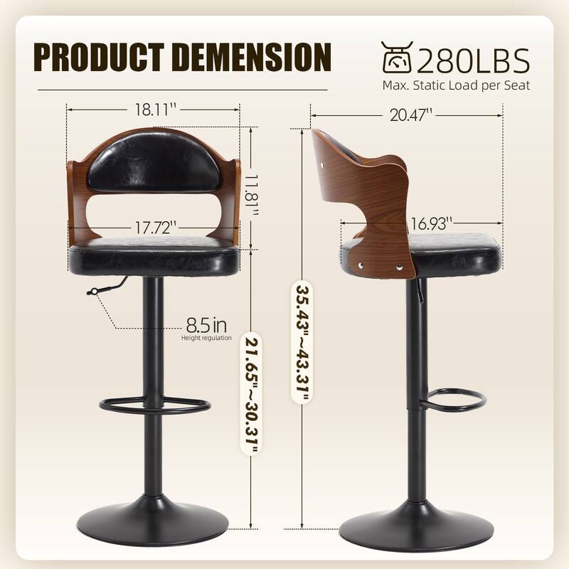 PU Leather Upholstered High-resilience Cushion 360° Swivel Adjustable Height Bar Stools with Footrest(set of 2)