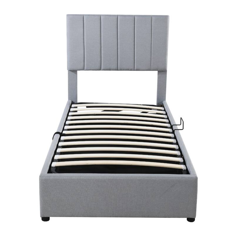 Twin Size Gray Upholstered Platform Bed with Hydraulic Storage System