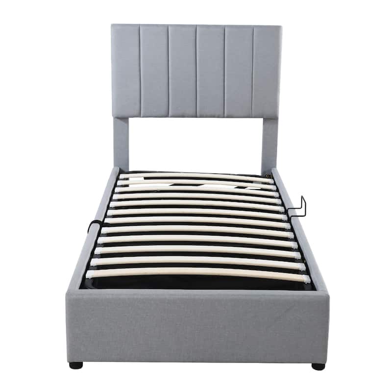Twin Size Upholstered Platform Bed with Vertical Stripe Headboard & Hydraulic Storage System, Durable Frame,No Box Spring Needed