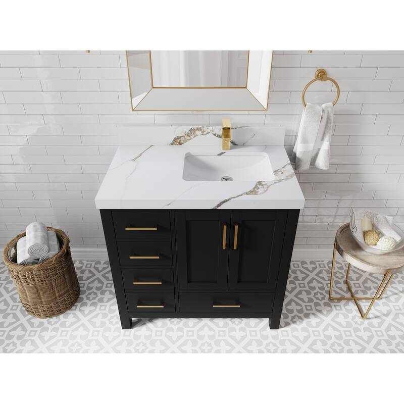 Willow Collections 36 in. W x 22 in. D Malibu Right Offset Sink Bathroom Vanity with Countertop - 2" Calacatta Gold - Black