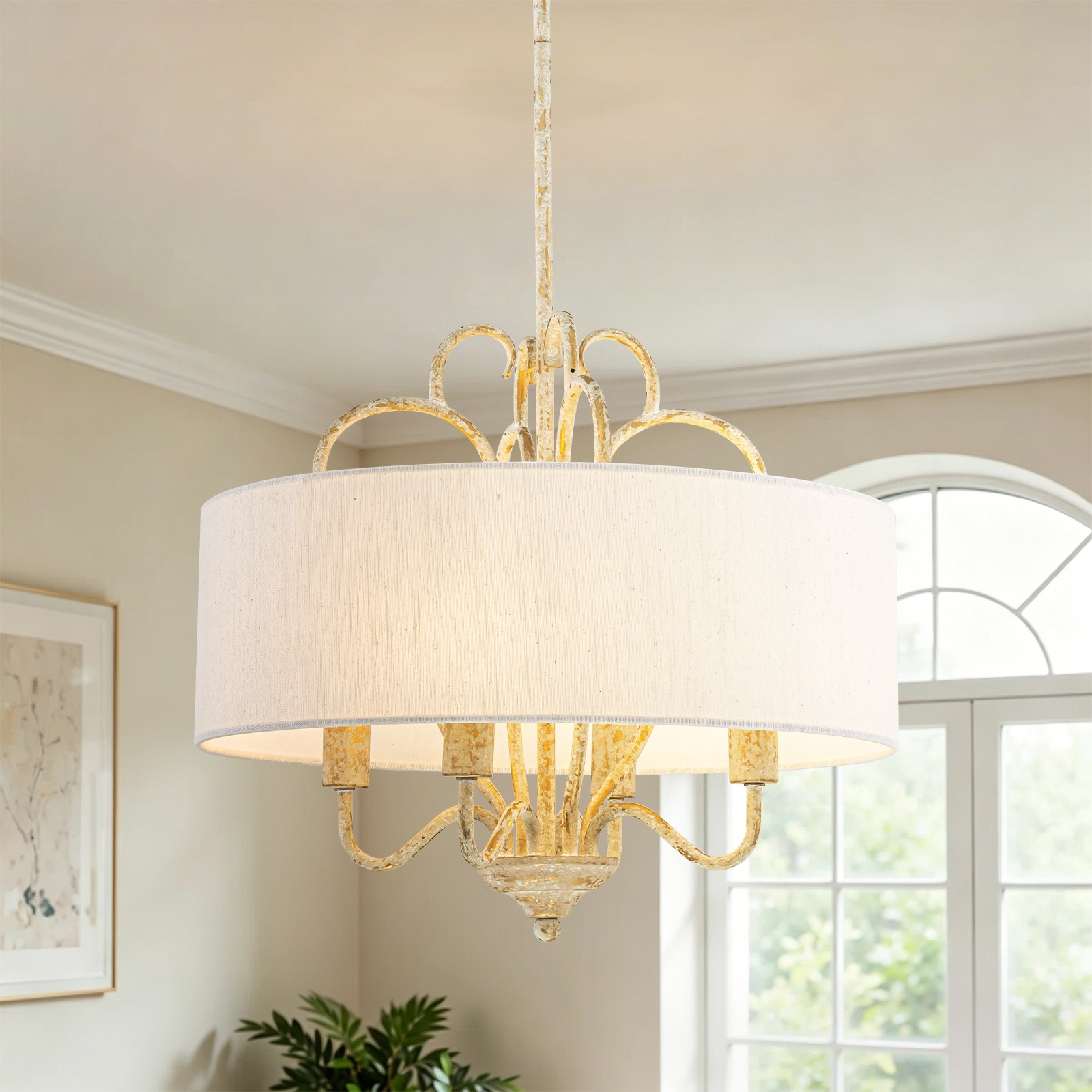 17.7" Retro Traditional Antique Distressed Grey 4-Light Chandelier with White Linen Drum Shade for Living & Dining Room