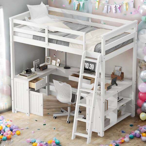 slide 2 of 34, Sturdy Wood Loft Bed Frame with U-shaped Desktop,Storage Shelves, 1 Cabinet and 2 Drawers,Full Size White