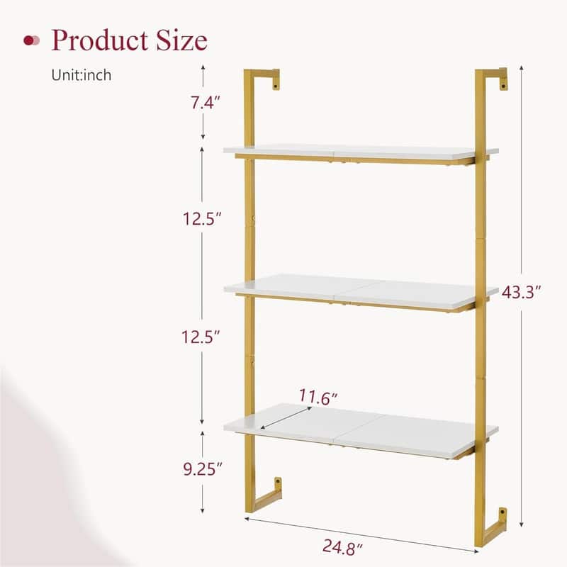 3 Tier Bookshelf Wall Mounted Ladder Shelf - 11.61"D x 24.8"W x 43.3"H