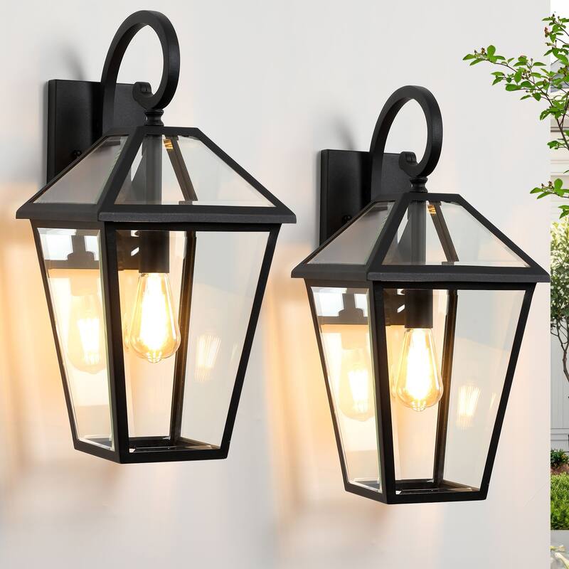 21" Outdoor Wall Light Fixture - Modern Black Wall Lantern Sconce with Clear Glass for Porch, Patio, Garage & Garden - 2-Pack