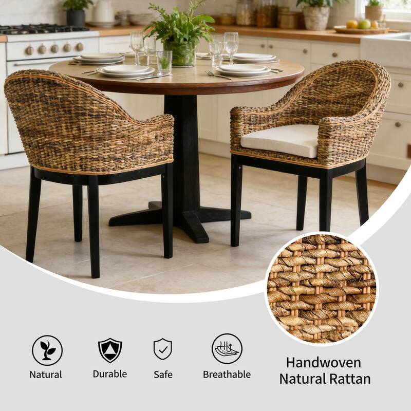 Boho Natural Rattan Backrest With Upholstered Armchair