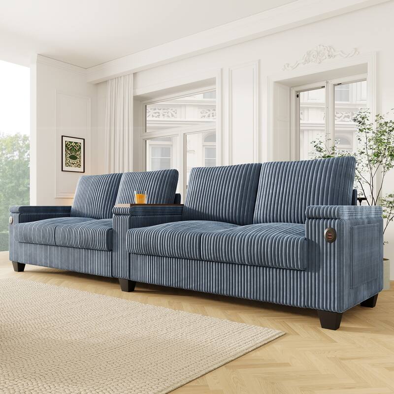4-seater Blue Corduroy Sofa with Storage, Cup Holders and USB Ports - Multi-Color