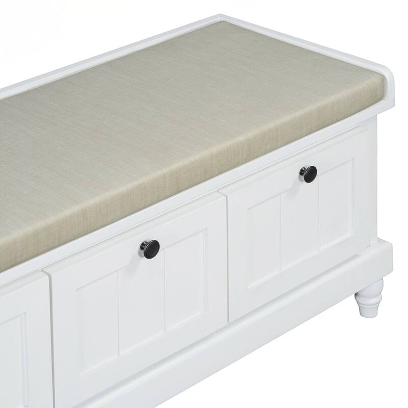Classic Shoe Bench with Cushion and Three Drawers, Fluted Entryway Bench with Storage for Living Room, Entryway, and Hallways