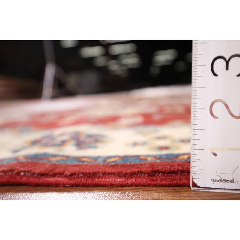 Red Geometric Kazak Foyer Rug Hand-Knotted Traditional Wool Carpet - 3'4" x 4'8"