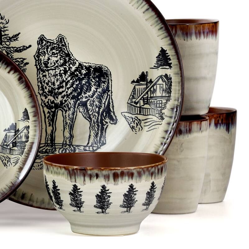 Elama Winter Wolf 16 Piece Round Stoneware Dinnerware Set in Taupe