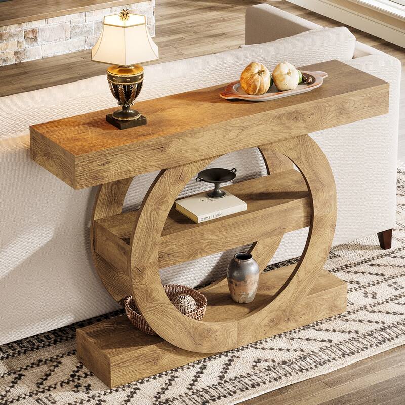 Industrial Brown 3-Tier Wood Console Table Sofa Tables for Entryway